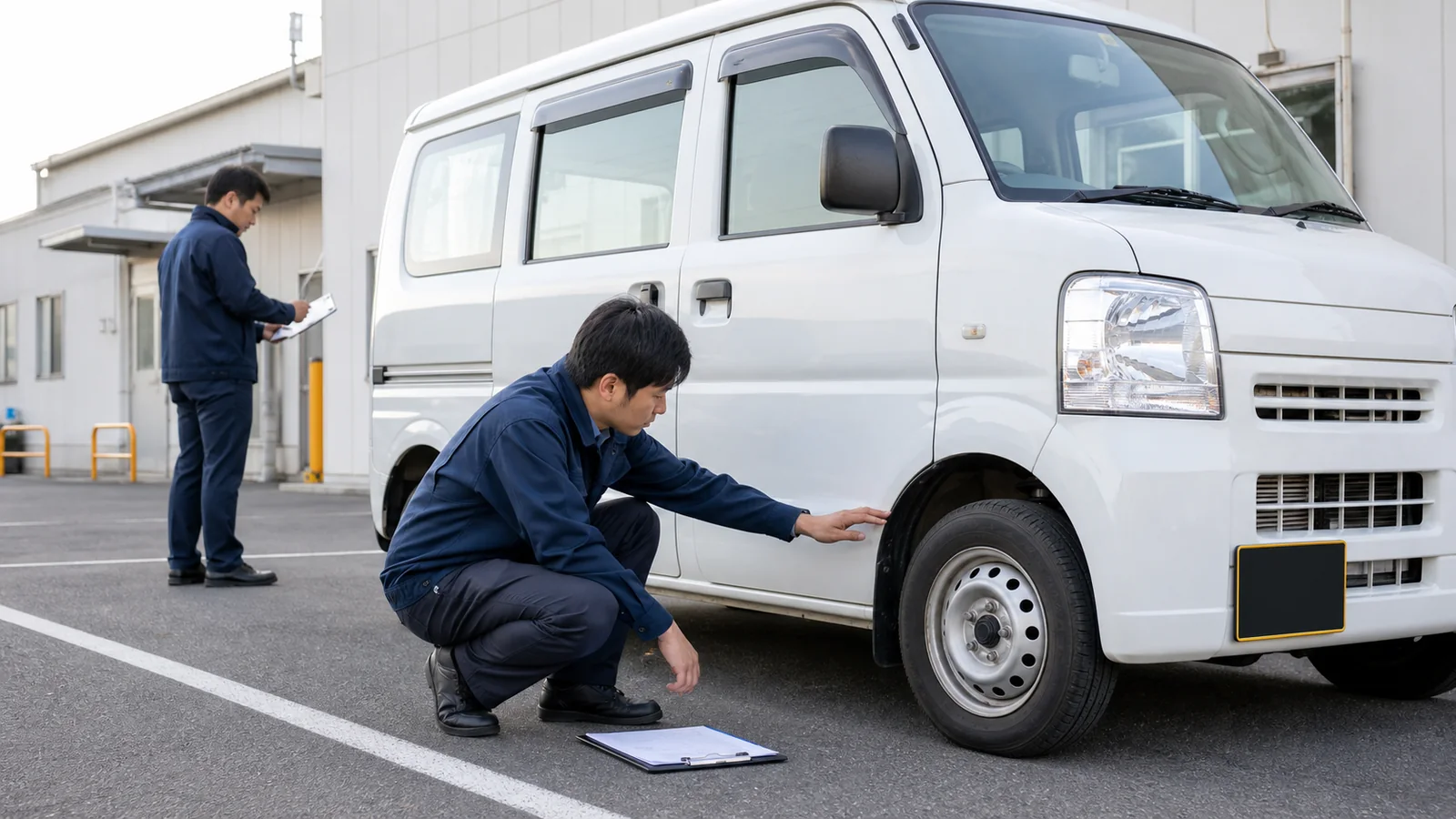 運行前に軽バンのタイヤと車両状態を点検するスタッフ