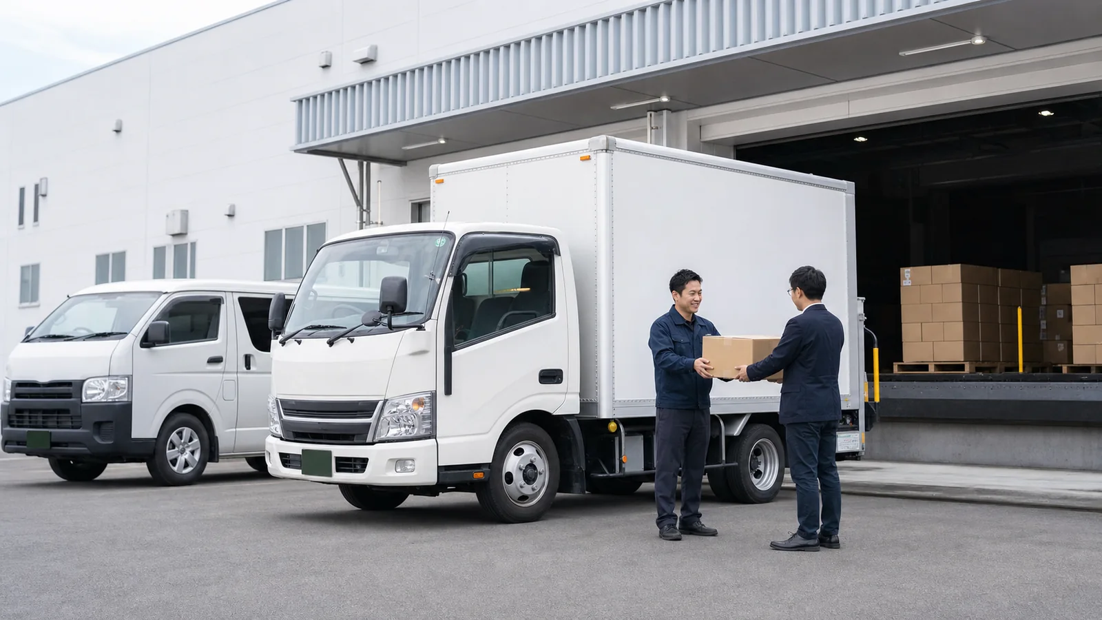倉庫で荷物を受け渡す配送スタッフと配送車両