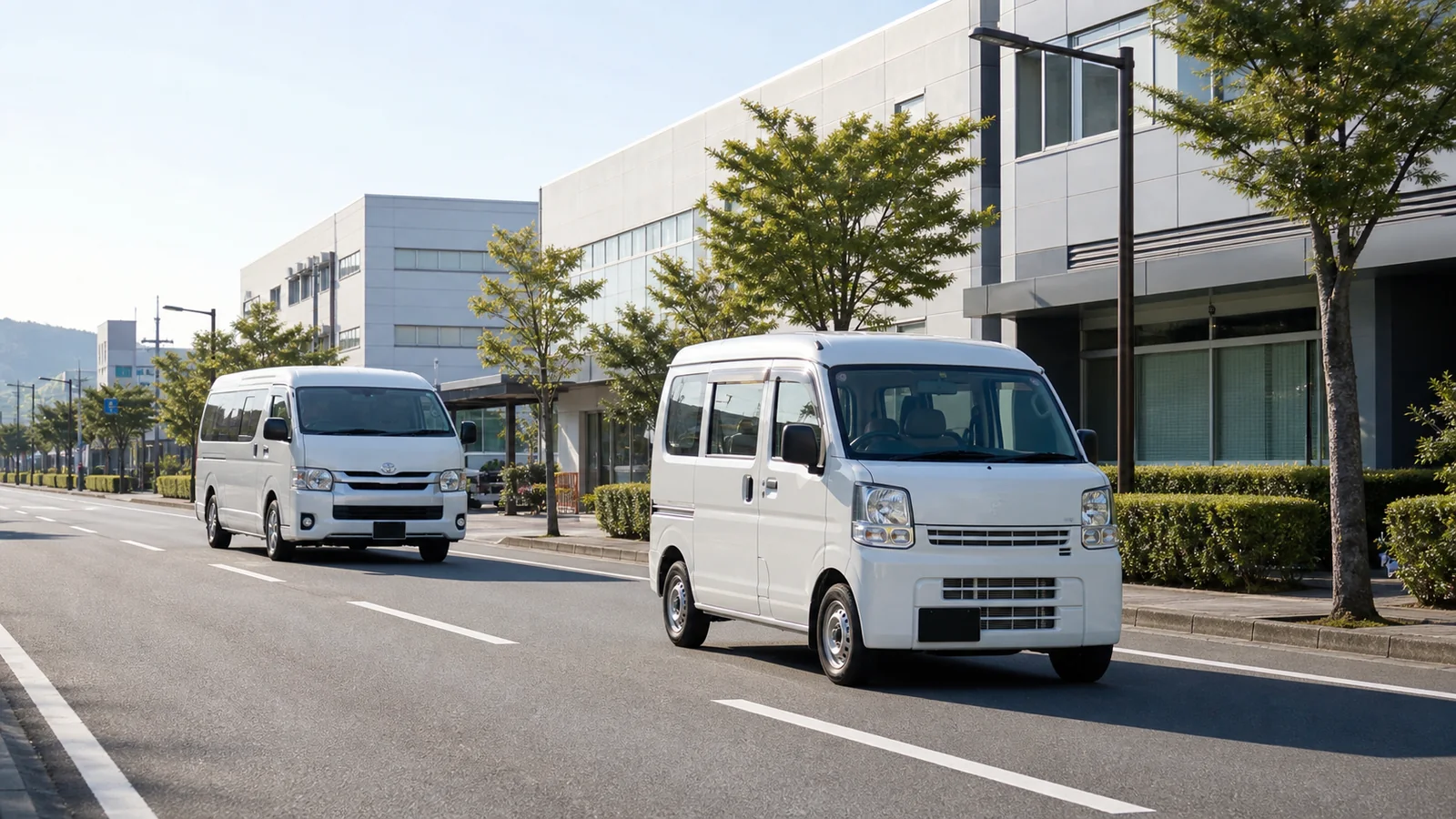 日本の企業エリアを走る軽バン